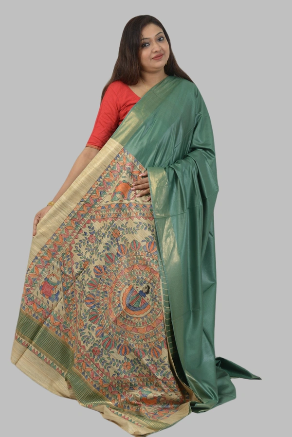 SKU0479 : Elegant Handwoven Tussar Ghicha Bapta Saree – Traditional Bengal Weave - Normal Length 6.3 mtr Plus, Green, Plain / Solid, Dry Clean Only, Yes