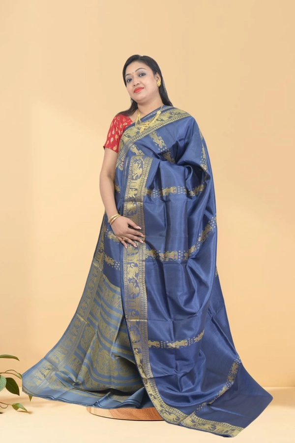 SKU0592 : Traditional Bengal Garad Silk Saree – Pure Handwoven Elegance | Swarnachari - Normal Length 6.3 mtr Plus, Blue, Zari Work, Dry Clean Only, Yes