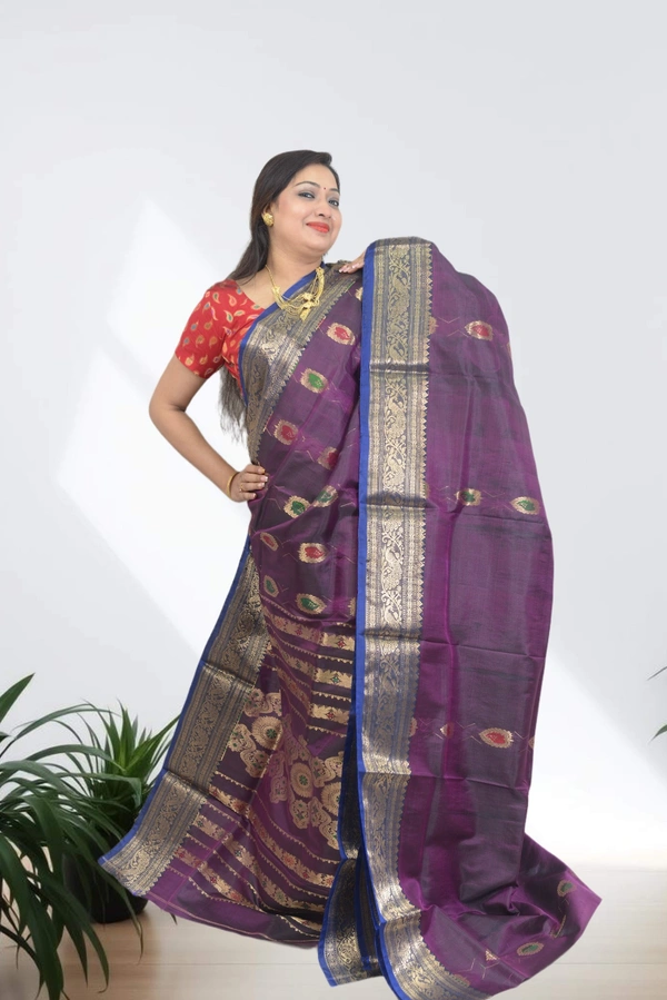 SKU0593 : Traditional Bengal Garad Silk Saree – Pure Handwoven Elegance | Swarnachari - Normal Length 6.3 mtr Plus, Violet, Zari Work, Dry Clean Only, Yes