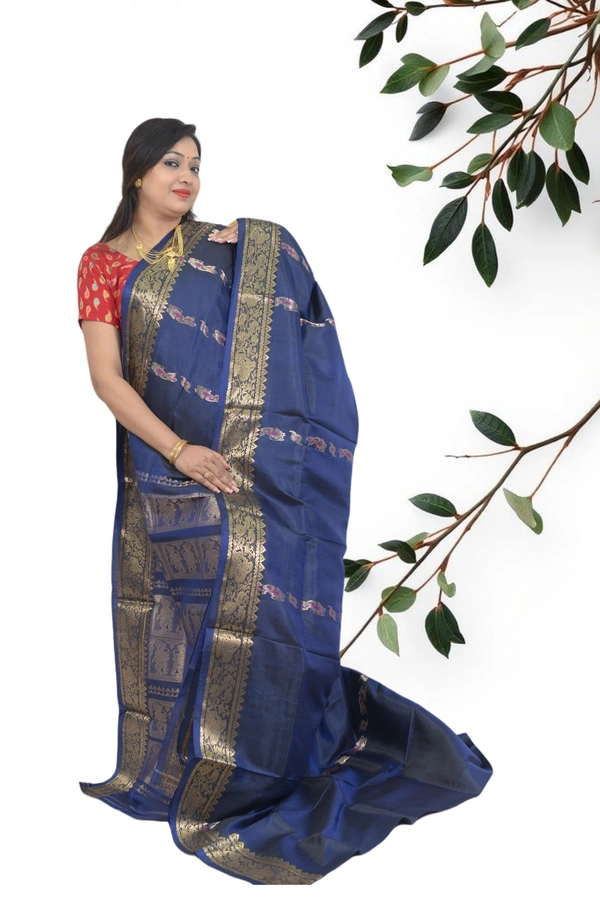 SKU0594 : Traditional Bengal Garad Silk Saree – Pure Handwoven Elegance | Swarnachari - Normal Length 6.3 mtr Plus, Blue, Zari Work, Dry Clean Only, Yes