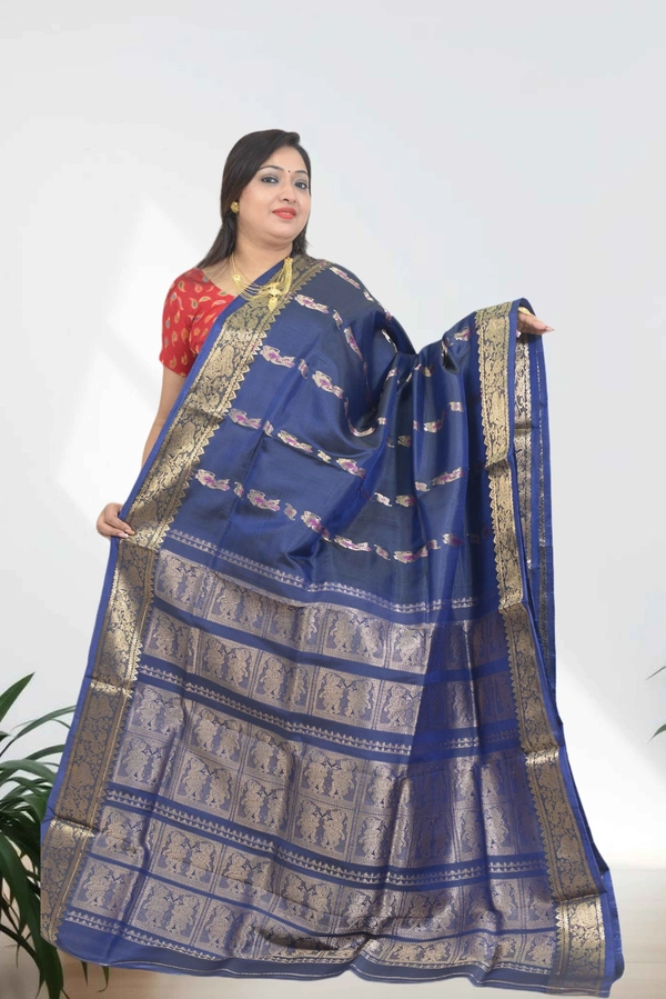 SKU0594 : Traditional Bengal Garad Silk Saree – Pure Handwoven Elegance | Swarnachari - Normal Length 6.3 mtr Plus, Blue, Zari Work, Dry Clean Only, Yes