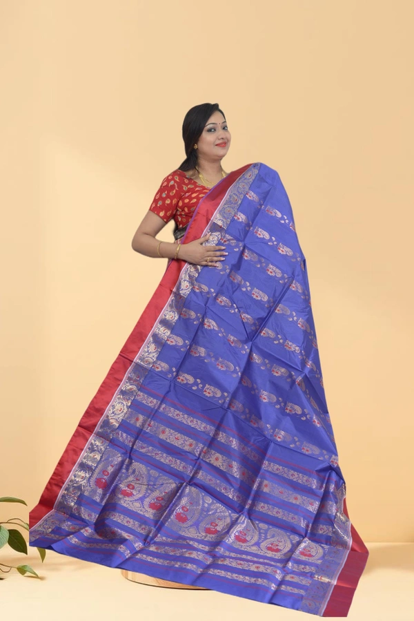 SKU0595 : Traditional Bengal Garad Silk Saree – Pure Handwoven Elegance | Swarnachari - Normal Length 6.3 mtr Plus, Blue, Zari Work, Dry Clean Only, Yes