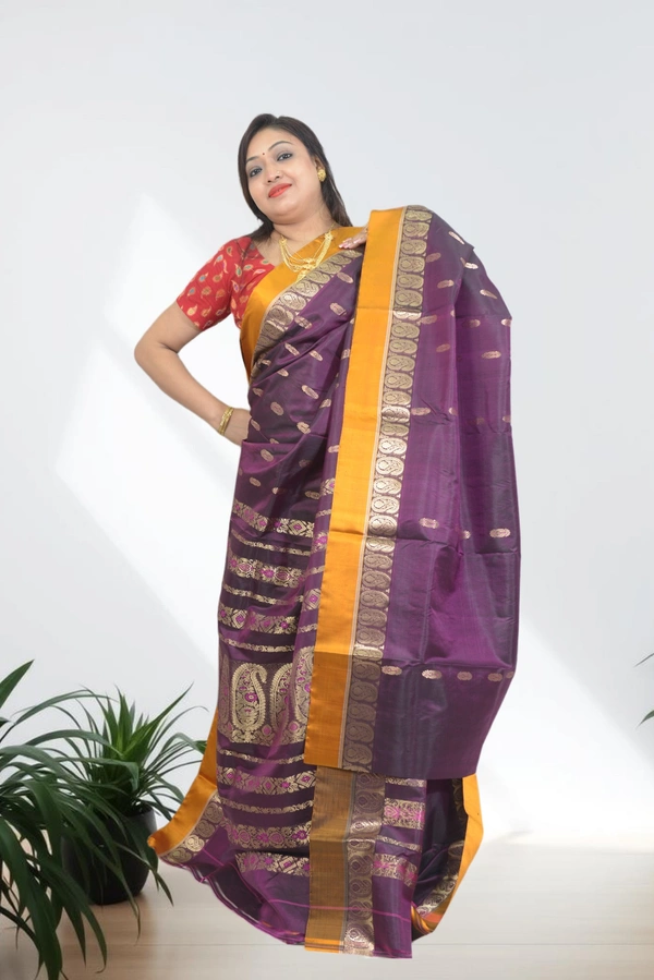 SKU0596 : Traditional Bengal Garad Silk Saree – Pure Handwoven Elegance | Swarnachari - Normal Length 6.3 mtr Plus, Violet, Zari Work, Dry Clean Only, Yes
