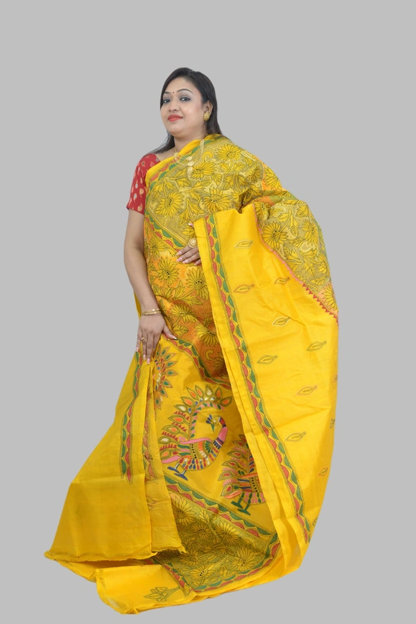 SKU0598 : Pure Silk Saree – Handwoven Bengal Traditional | Parsi Stich - Normal Length 6.3 mtr Plus, Yellow, Kantha Stitch, Dry Clean Only, Yes