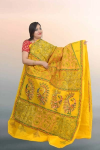 SKU0598 : Pure Silk Saree – Handwoven Bengal Traditional | Parsi Stich - Normal Length 6.3 mtr Plus, Yellow, Kantha Stitch, Dry Clean Only, Yes