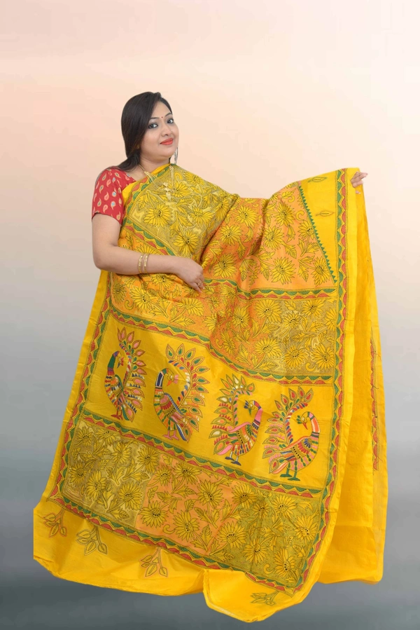 SKU0598 : Pure Silk Saree – Handwoven Bengal Traditional | Parsi Stich - Normal Length 6.3 mtr Plus, Yellow, Kantha Stitch, Dry Clean Only, Yes
