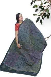 SKU0599 : Pure Silk   Saree – Handwoven Bengal Traditional | Parsi Stich - Normal Length 6.3 mtr Plus, Black, Kantha Stitch, Dry Clean Only, Yes