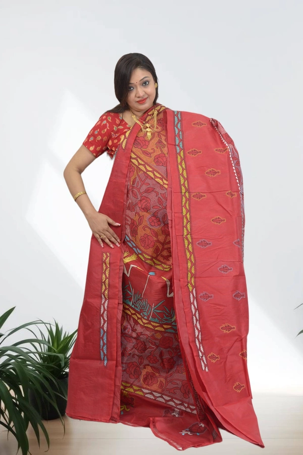 SKU0600 : Pure Silk   Saree – Handwoven Bengal Traditional | Parsi Stich - Normal Length 6.3 mtr Plus, Rust, Kantha Stitch, Dry Clean Only, Yes