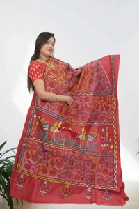 SKU0600 : Pure Silk   Saree – Handwoven Bengal Traditional | Parsi Stich - Normal Length 6.3 mtr Plus, Rust, Kantha Stitch, Dry Clean Only, Yes