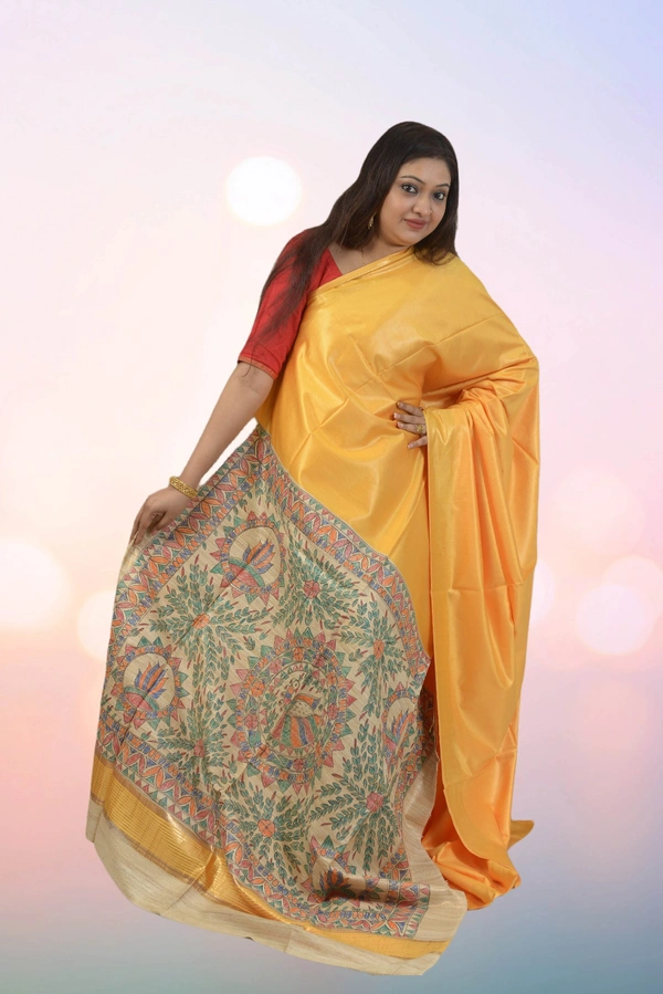 SKU0480 : Elegant Handwoven Tussar Ghicha Bapta Saree – Traditional Bengal Weave - Normal Length 6.3 mtr Plus, Yellow, Plain / Solid, Dry Clean Only, Yes