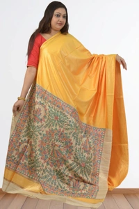 SKU0480 : Elegant Handwoven Tussar Ghicha Bapta Saree – Traditional Bengal Weave - Normal Length 6.3 mtr Plus, Yellow, Plain / Solid, Dry Clean Only, Yes