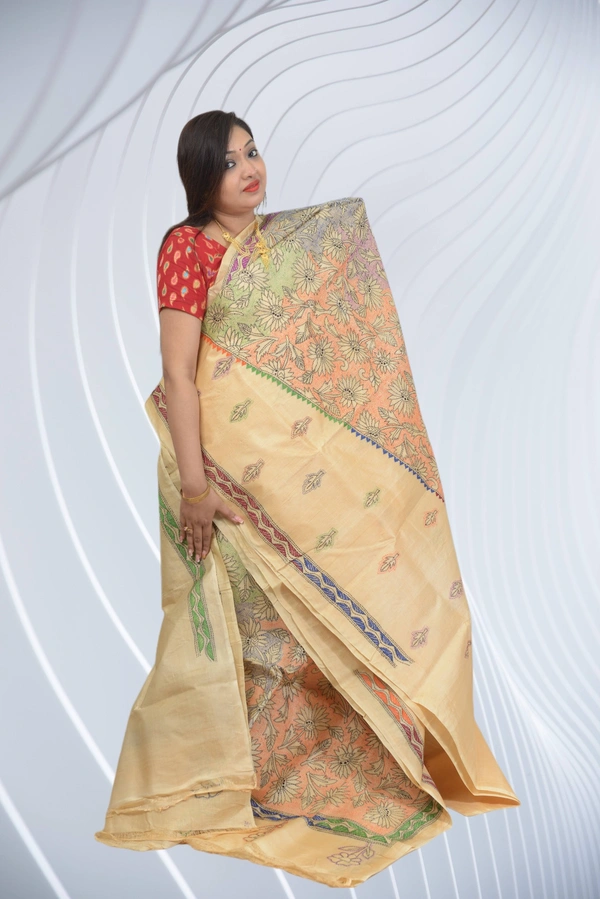 SKU0601 : Elegant Tussar Cotton Kantha Stitch Saree – Handcrafted Heritage Weave - Normal Length 6.3 mtr Plus, Tussar, Kantha Stitch, Dry Wash Only, Yes