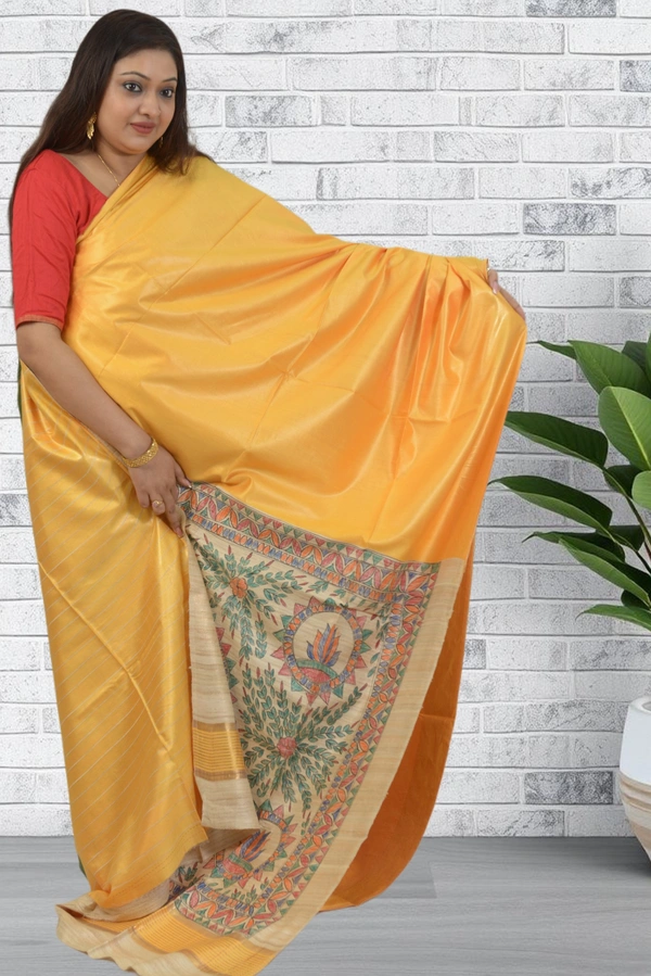 SKU0480 : Elegant Handwoven Tussar Ghicha Bapta Saree – Traditional Bengal Weave - Normal Length 6.3 mtr Plus, Yellow, Plain / Solid, Dry Clean Only, Yes