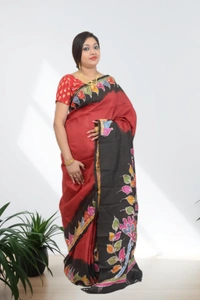 SKU0602 : Pure  Cotton Saree – Handwoven, Lightweight & Breathable Fabric  - Normal Length 6.3 mtr Plus, Red, Hand Print, Dry Clean Only, Yes