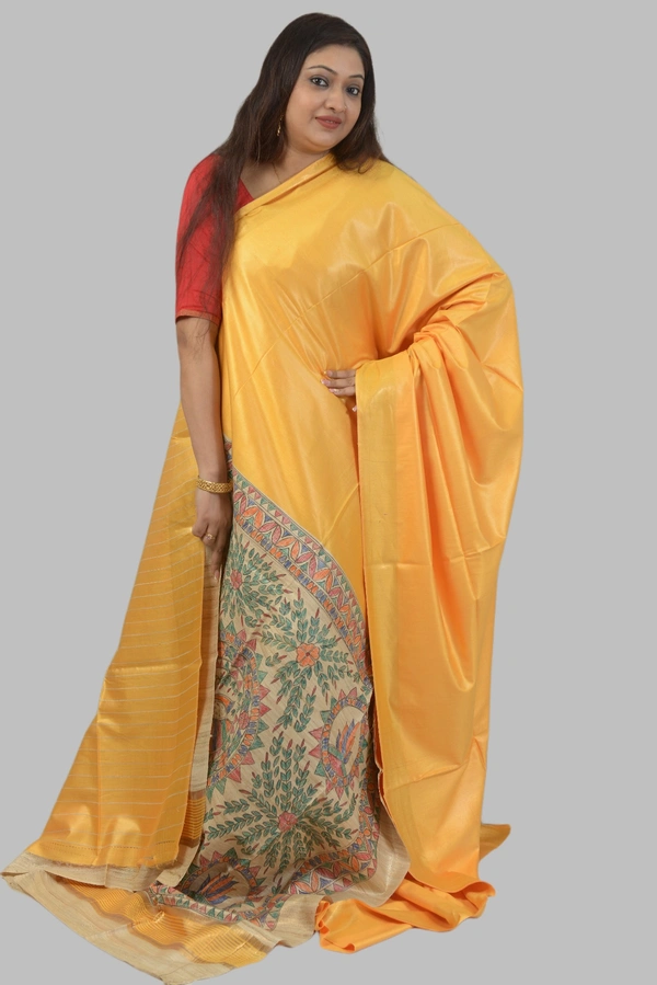 SKU0480 : Elegant Handwoven Tussar Ghicha Bapta Saree – Traditional Bengal Weave - Normal Length 6.3 mtr Plus, Yellow, Plain / Solid, Dry Clean Only, Yes
