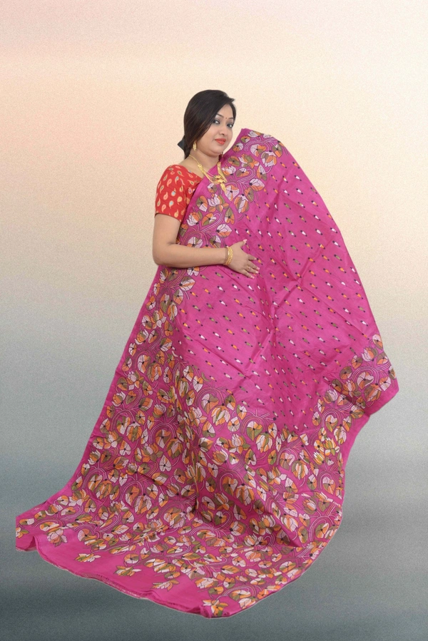 SKU0603 : Pure Silk Kantha Stitch Saree – Handcrafted Bengal Heritage - Normal Length 6.3 mtr Plus, Pink, Kantha Stitch, Dry Clean Only, Yes
