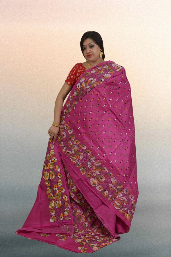 SKU0603 : Pure Silk Kantha Stitch Saree – Handcrafted Bengal Heritage - Normal Length 6.3 mtr Plus, Pink, Kantha Stitch, Dry Clean Only, Yes