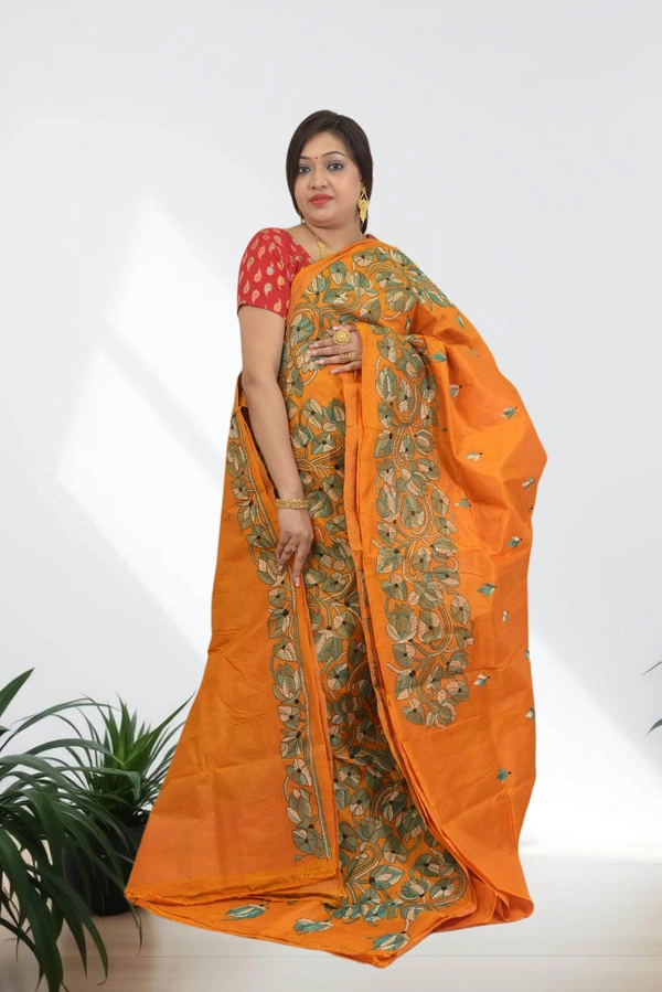 SKU0604 : Pure Silk Kantha Stitch Saree – Handcrafted Bengal Heritage - Normal Length 6.3 mtr Plus, Orange, Kantha Stitch, Dry Clean Only, Yes