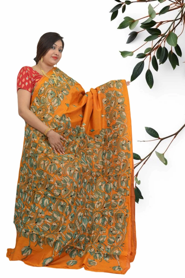 SKU0604 : Pure Silk Kantha Stitch Saree – Handcrafted Bengal Heritage - Normal Length 6.3 mtr Plus, Orange, Kantha Stitch, Dry Clean Only, Yes
