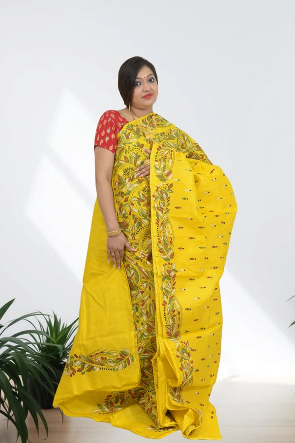 SKU0605 :  Pure Silk Kantha Stitch Saree – Handcrafted Bengal Heritage  - Normal Length 6.3 mtr Plus, Yellow, Kantha Stitch, Dry Clean Only, Yes