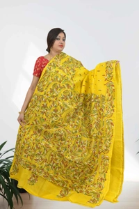 SKU0605 :  Pure Silk Kantha Stitch Saree – Handcrafted Bengal Heritage  - Normal Length 6.3 mtr Plus, Yellow, Kantha Stitch, Dry Clean Only, Yes
