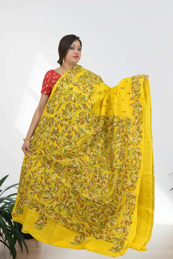 SKU0605 :  Pure Silk Kantha Stitch Saree – Handcrafted Bengal Heritage  - Normal Length 6.3 mtr Plus, Yellow, Kantha Stitch, Dry Clean Only, Yes