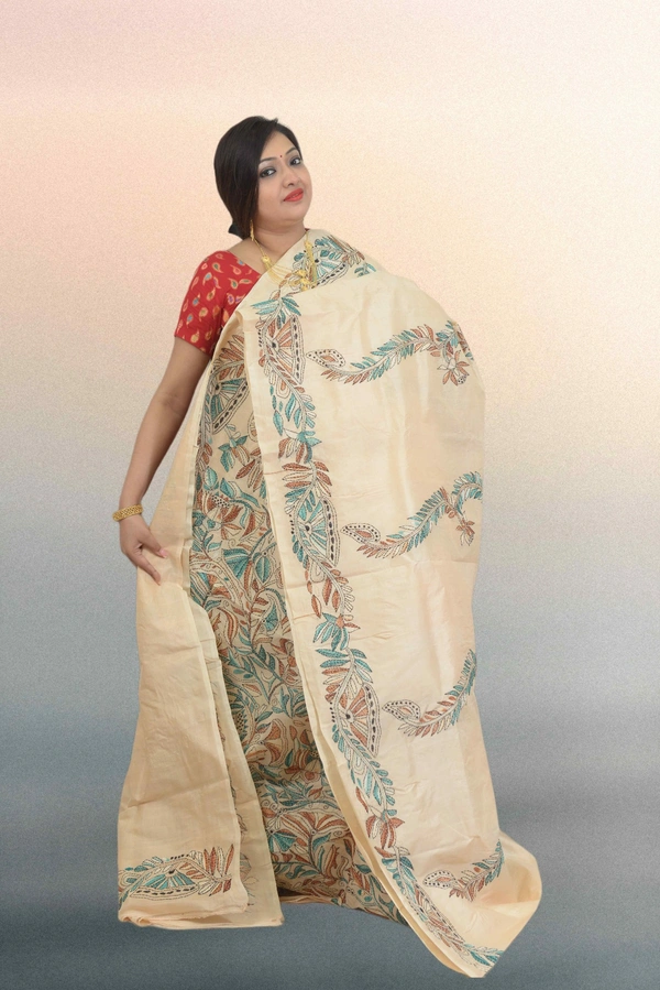 SKU0606 : Pure Silk Kantha Stitch Saree – Handcrafted Bengal Heritage - Normal Length 6.3 mtr Plus, Cream, Kantha Stitch, Dry Clean Only, Yes