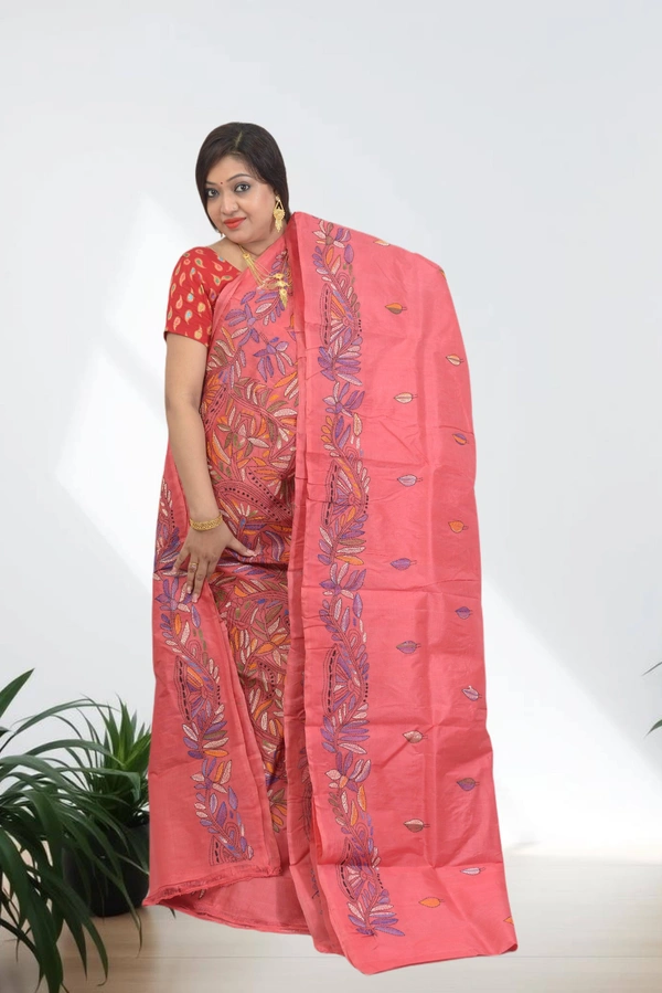 SKU0607 : Pure Silk Kantha Stitch Saree – Handcrafted Bengal Heritage - Normal Length 6.3 mtr Plus, Pink, Kantha Stitch, Dry Clean Only, Yes