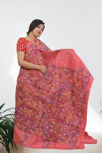 SKU0607 : Pure Silk Kantha Stitch Saree – Handcrafted Bengal Heritage - Normal Length 6.3 mtr Plus, Pink, Kantha Stitch, Dry Clean Only, Yes