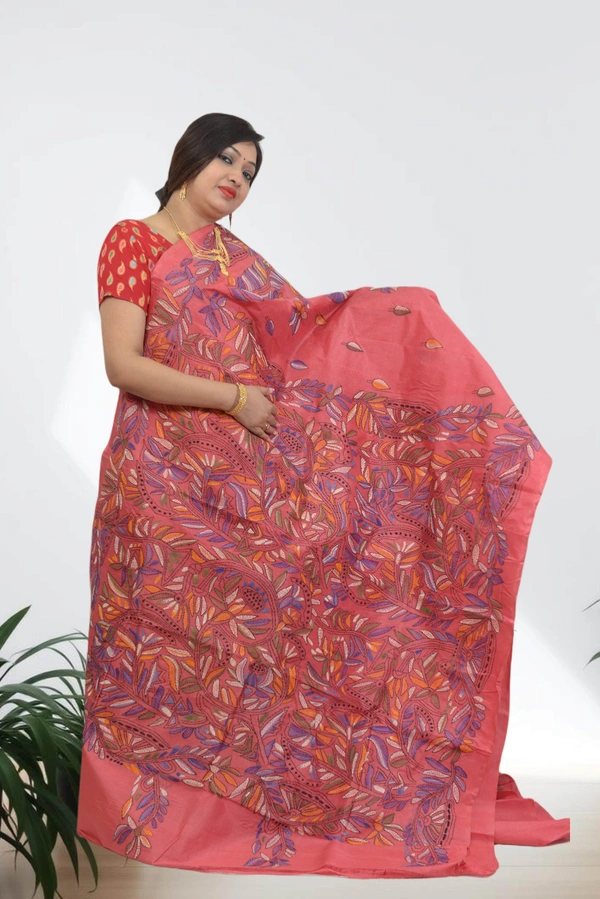SKU0607 : Pure Silk Kantha Stitch Saree – Handcrafted Bengal Heritage - Normal Length 6.3 mtr Plus, Pink, Kantha Stitch, Dry Clean Only, Yes