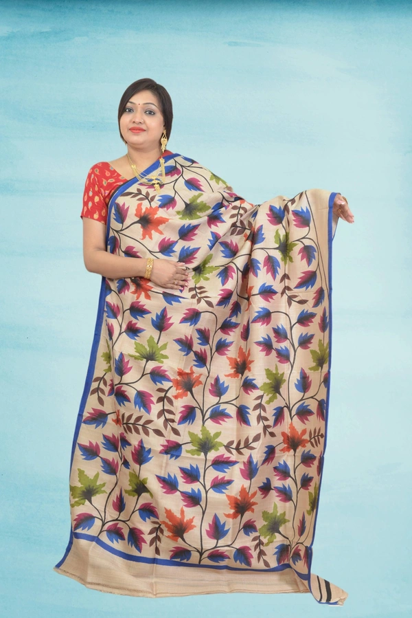 SKU0608 : Pure Silk Saree – Handwoven Bengal Traditional | Acid Paint - Normal Length 6.3 mtr Plus, Tussar, Floral, Hand Print, Dry Clean Only, Yes