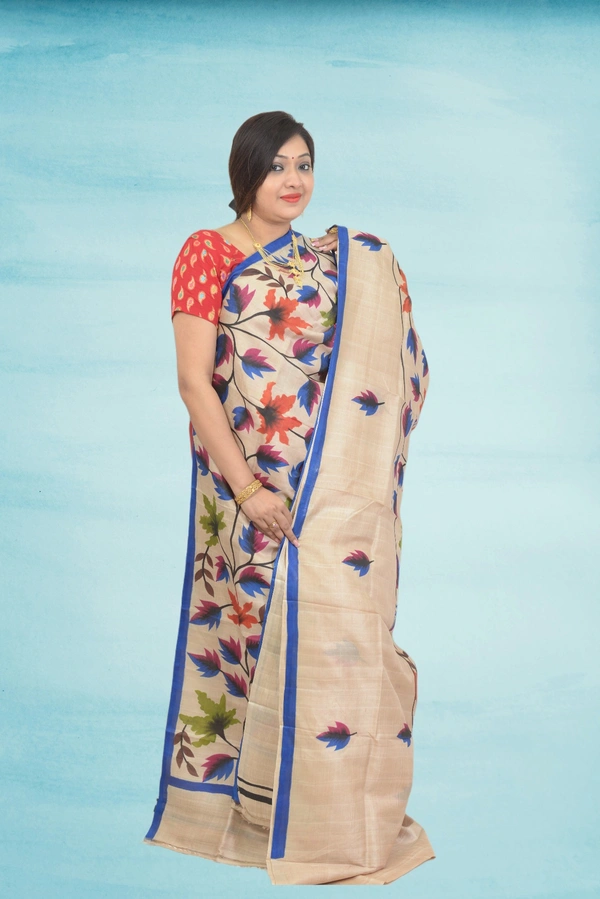 SKU0608 : Pure Silk Saree – Handwoven Bengal Traditional | Acid Paint - Normal Length 6.3 mtr Plus, Tussar, Floral, Hand Print, Dry Clean Only, Yes