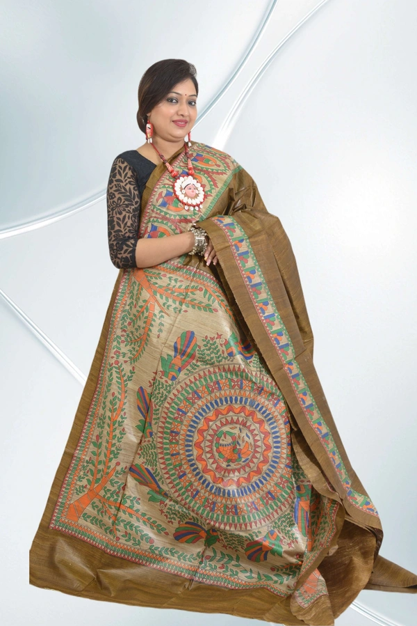 SKU0550 : Pure Ghicha Silk Saree–Handwoven Elegance from Bengal - Normal Length 6.3 mtr Plus, Bronze, Plain / Solid, Dry Clean Only, Yes