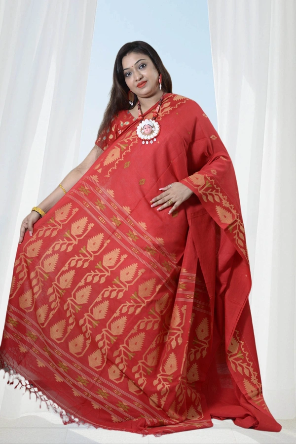 SKU0392 : Pure Khadi Cotton Saree – Handwoven, Lightweight & Breathable Fabric  - Normal Length 6.3 mtr Plus, Red, Buti / Booti, Hand Wash, Yes