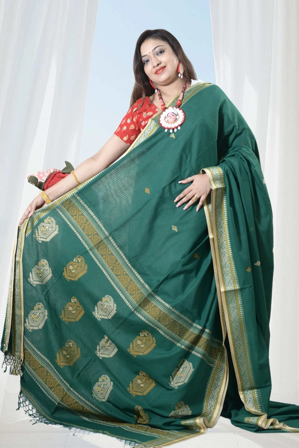 SKU0393 : Pure Khadi Cotton Saree – Handwoven, Lightweight & Breathable Fabric  - Normal Length 6.3 mtr Plus, Green, Buti / Booti, Hand Wash, Yes