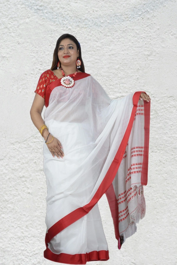 SKU0382 : Pure Khadi Cotton Saree – Handwoven, Lightweight & Breathable Fabric  - Normal Length 6.3 mtr Plus, White, Hand Wash, Yes