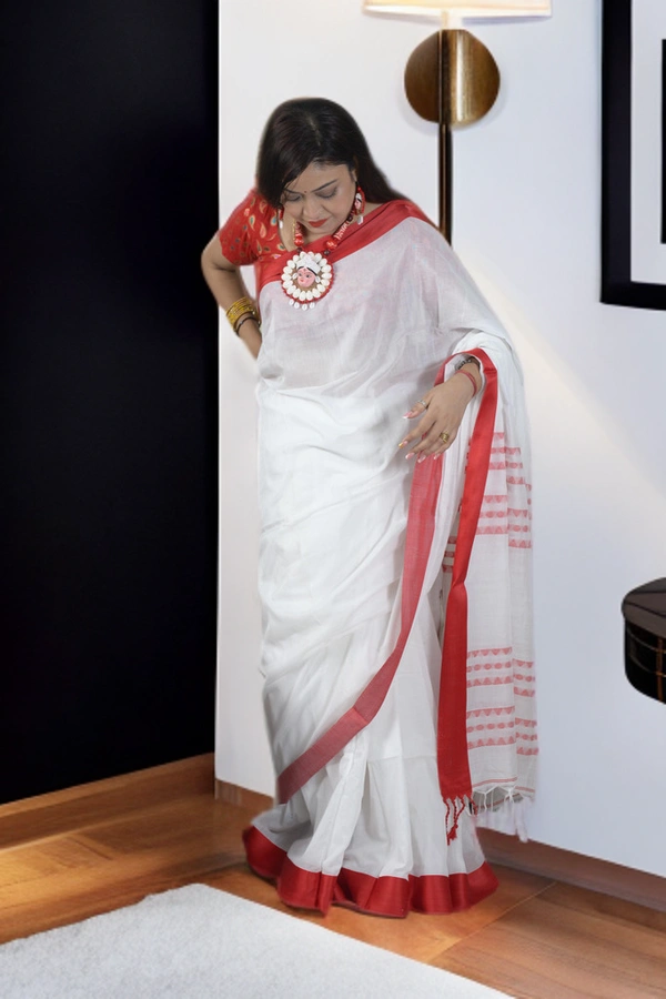 SKU0382 : Pure Khadi Cotton Saree – Handwoven, Lightweight & Breathable Fabric  - Normal Length 6.3 mtr Plus, White, Hand Wash, Yes