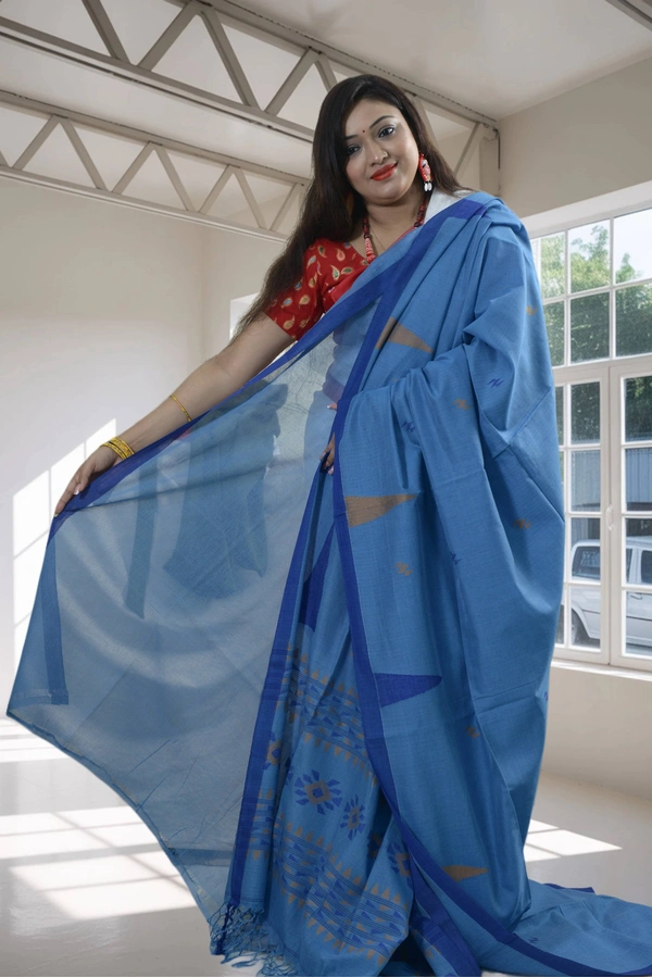 SKU0394 : Pure Khadi Cotton Saree – Handwoven, Lightweight & Breathable Fabric  - Normal Length 6.3 mtr Plus, Indigo Blue, Buti / Booti, Hand Wash, Yes