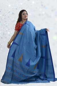 SKU0394 : Pure Khadi Cotton Saree – Handwoven, Lightweight & Breathable Fabric  - Normal Length 6.3 mtr Plus, Indigo Blue, Buti / Booti, Hand Wash, Yes