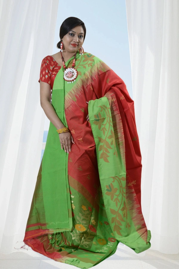 SKU0398 : Elegant Poly Cotton Saree – Lightweight & Comfortable Daily Wear  - Normal Length 6.3 mtr Plus, Red, Buti / Booti, Dry Clean Only, Yes