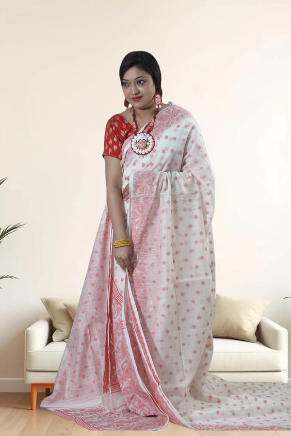 SKU0399 : Elegant Poly Cotton Saree – Lightweight & Comfortable Daily Wear  - Normal Length 6.3 mtr Plus, White, Buti / Booti, Dry Clean Only, Yes