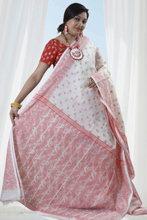 SKU0399 : Elegant Poly Cotton Saree – Lightweight & Comfortable Daily Wear  - Normal Length 6.3 mtr Plus, White, Buti / Booti, Dry Clean Only, Yes