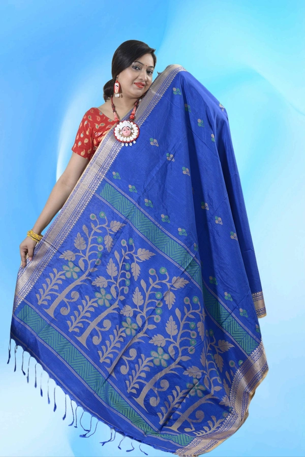 SKU0400 : Elegant Poly Cotton Saree – Lightweight & Comfortable Daily Wear - Normal Length 6.3 mtr Plus, Blue, Buti / Booti, Dry Clean Only, Yes