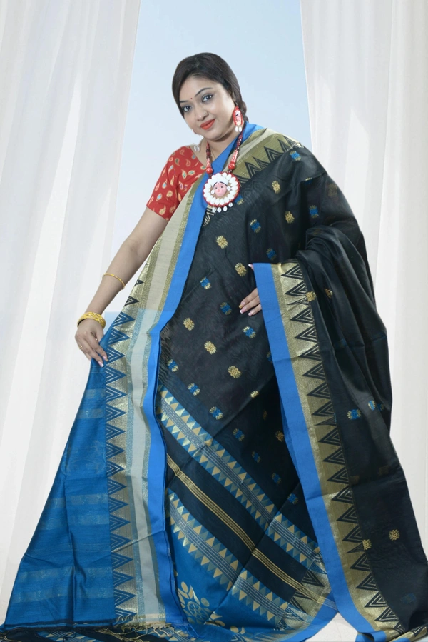 SKU0404 :  Elegant Poly Cotton Saree – Lightweight & Comfortable Daily Wear  - Normal Length 6.3 mtr Plus, Black, Buti / Booti, Dry Clean Only, Yes