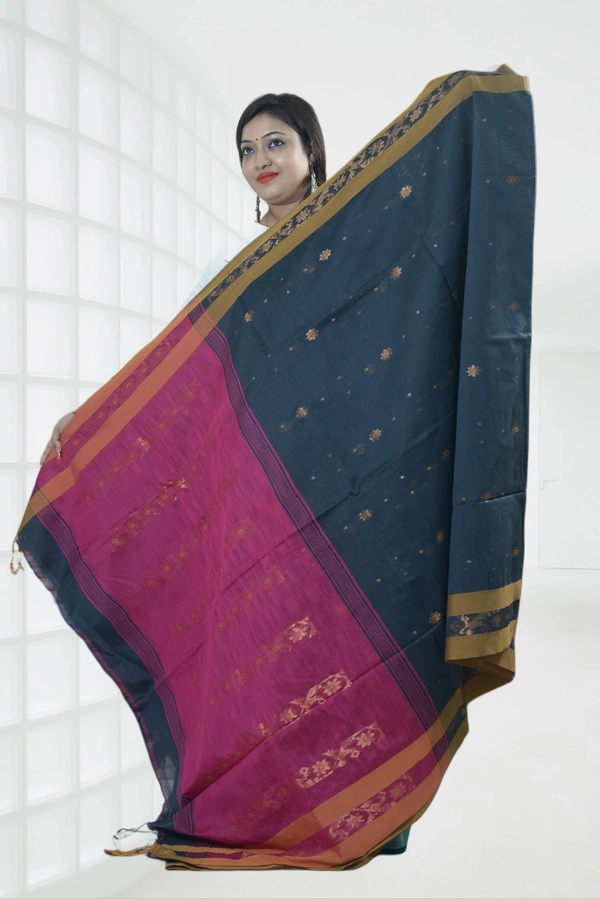 SKU0409 :   Elegant Poly Cotton Saree – Lightweight & Comfortable Daily Wear  - Normal Length 6.3 mtr Plus, Charcoal Black, Buti / Booti, Dry Clean Only, Yes