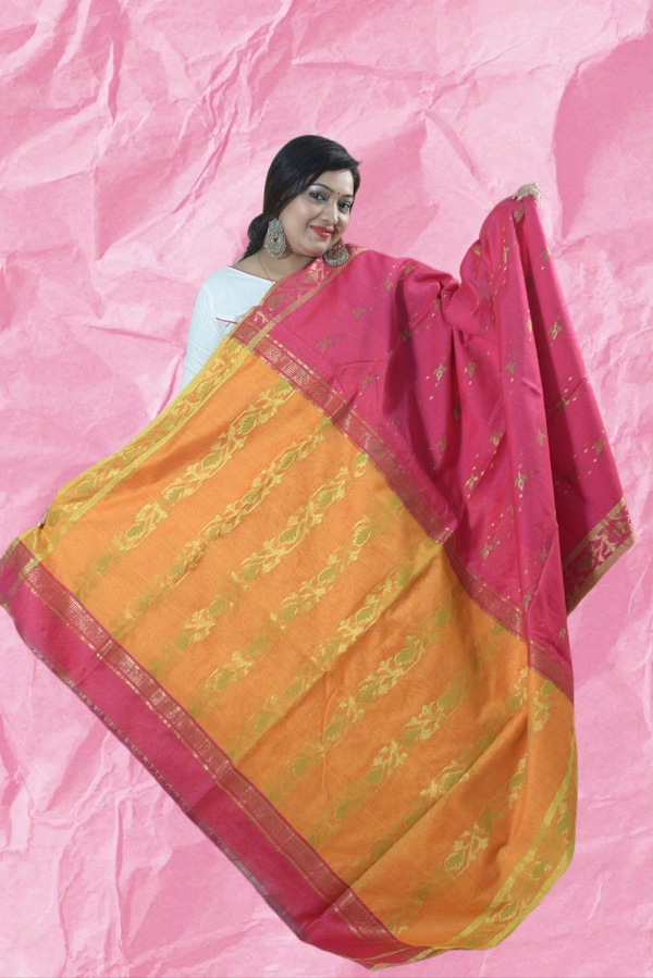 SKU0410 :   Elegant Poly Cotton Saree – Lightweight & Comfortable Daily Wear  - Normal Length 6.3 mtr Plus, Rani, Buti / Booti, Dry Clean Only, Yes