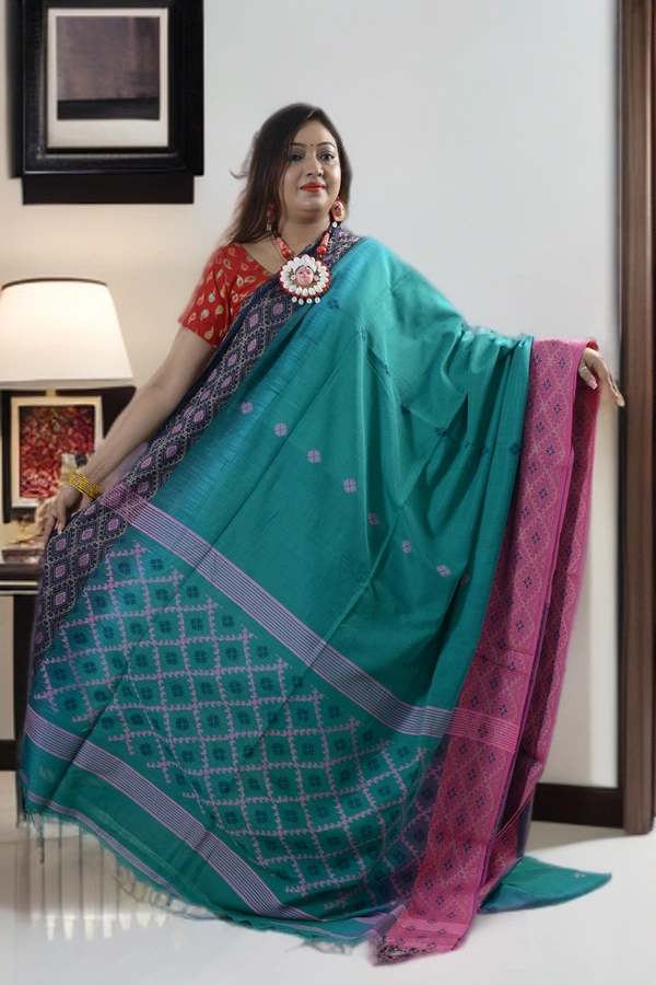 SKU0384 : Pure Khadi Cotton Saree – Handwoven, Lightweight & Breathable Fabric  - Normal Length 6.3 mtr Plus, green, Buti / Booti, Hand Wash, Yes