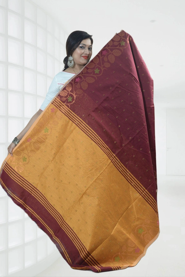 SKU0411 :  Elegant Poly Cotton Saree – Lightweight & Comfortable Daily Wear - Normal Length 6.3 mtr Plus, Maroon, Buti / Booti, Dry Clean Only, Yes