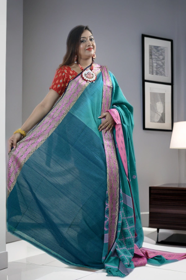 SKU0384 : Pure Khadi Cotton Saree – Handwoven, Lightweight & Breathable Fabric  - Normal Length 6.3 mtr Plus, green, Buti / Booti, Hand Wash, Yes