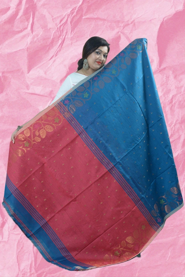 SKU0412 :  Elegant Poly Cotton Saree – Lightweight & Comfortable Daily Wear  - Normal Length 6.3 mtr Plus, Blue, Buti / Booti, Dry Clean Only, Yes